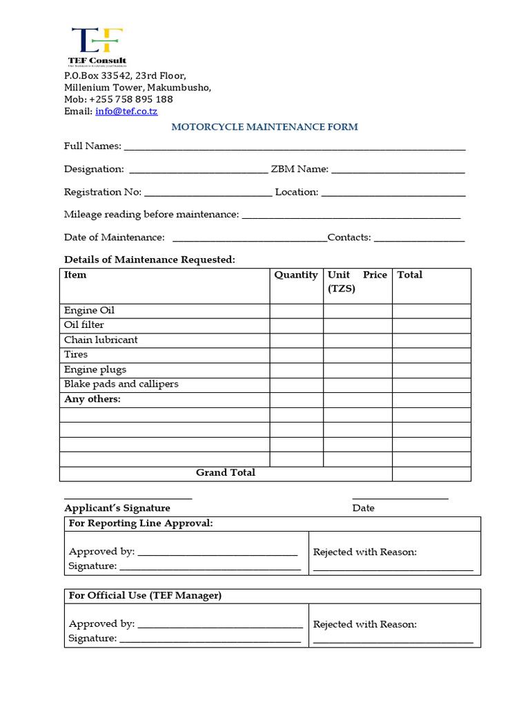 Motorcycle Maintenance Form - TEF | PDF