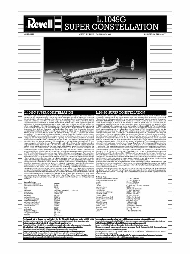 Lockheed L-1049G Super Constellation Lufthansa 100-Instructions | PDF
