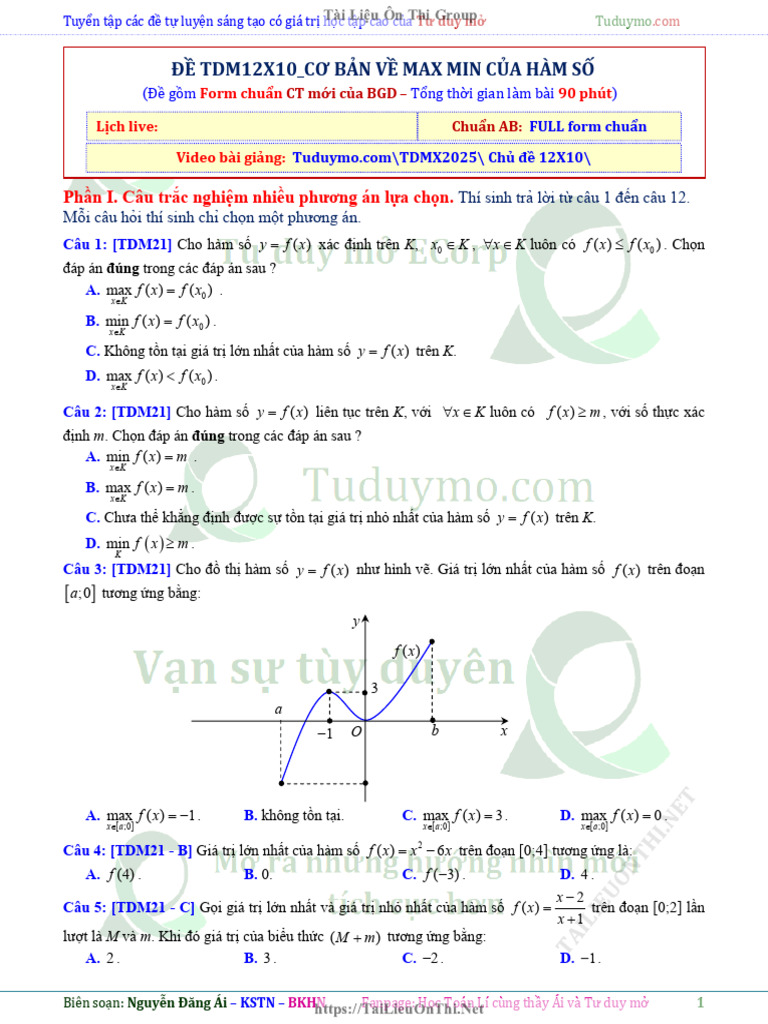 Đề Tdm12x10 - đtl - cơ Bản Về Max Min Của Hàm Số - chuẩn Form Thpt2025 ...