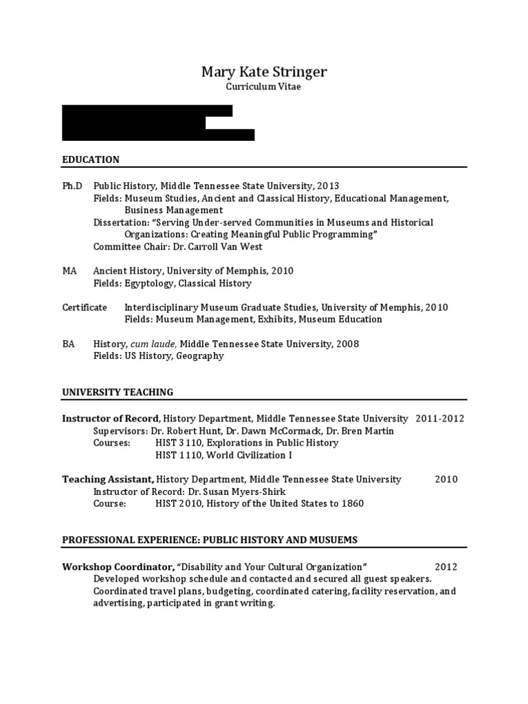 Mary Kate Stringer: Public History CV | PDF | Museum | Graduate School