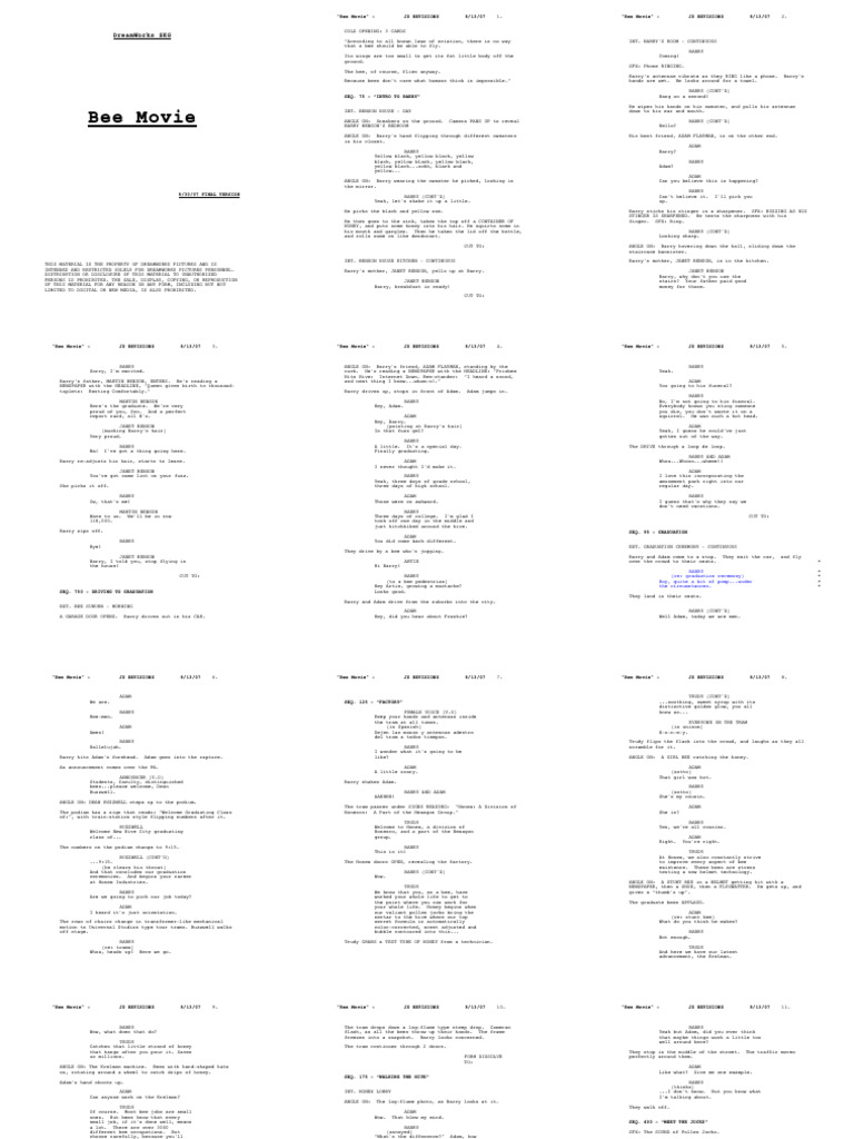 213 BEE MOVIE - 09.25.07 FINAL SCRIPT Title Page - Bee - Movie | PDF