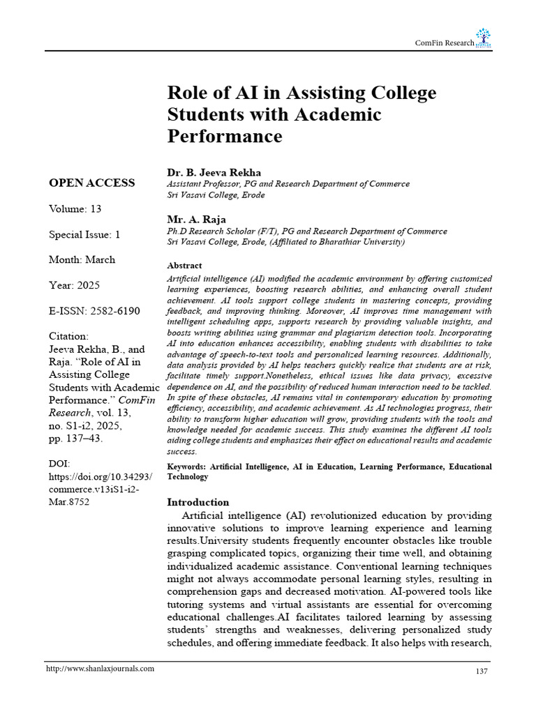 Role of AI in Assisting College Students With Acad | PDF