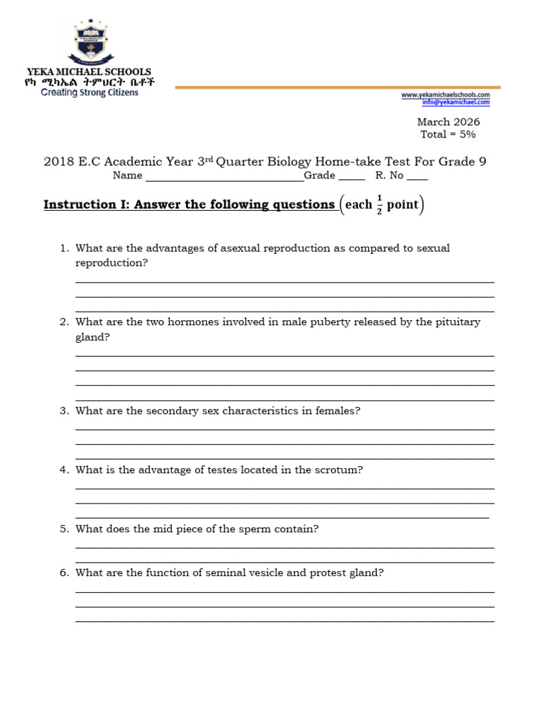 Grade 9 Biology Round 1 Home Take | PDF