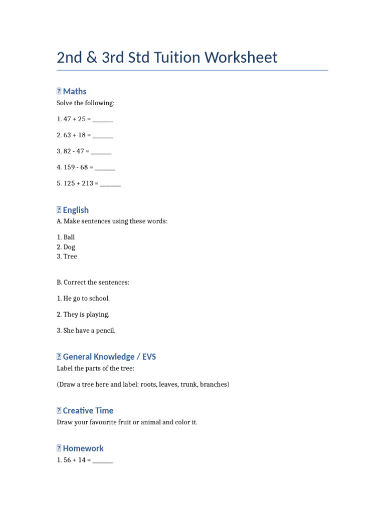 Tuition Worksheet 2nd 3rd STD | PDF