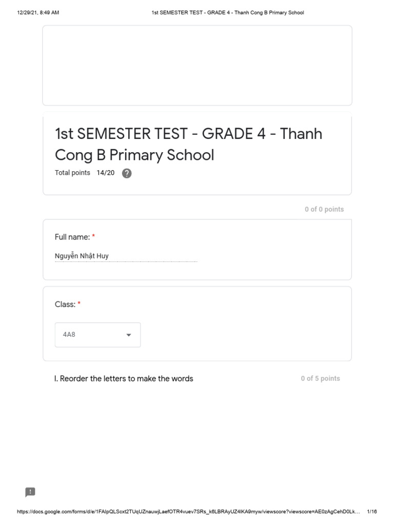 1st Semester Test - Grade 4 - Thanh Cong B Primary School | PDF