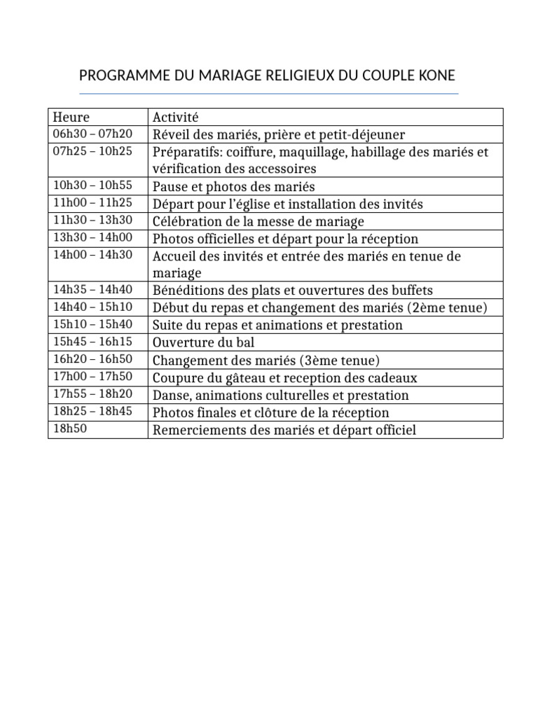 Programme Mariage Religieux Catholique | PDF