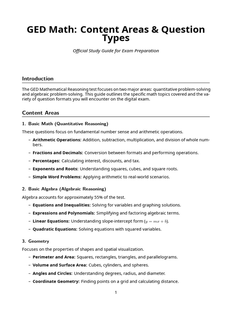 GED Math Study Question Topic and Type | PDF