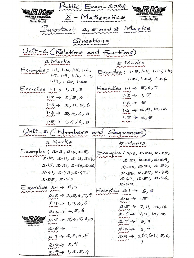 10th Maths Imp 2, 5 & 8 Marks 2024 (Full Book) | PDF
