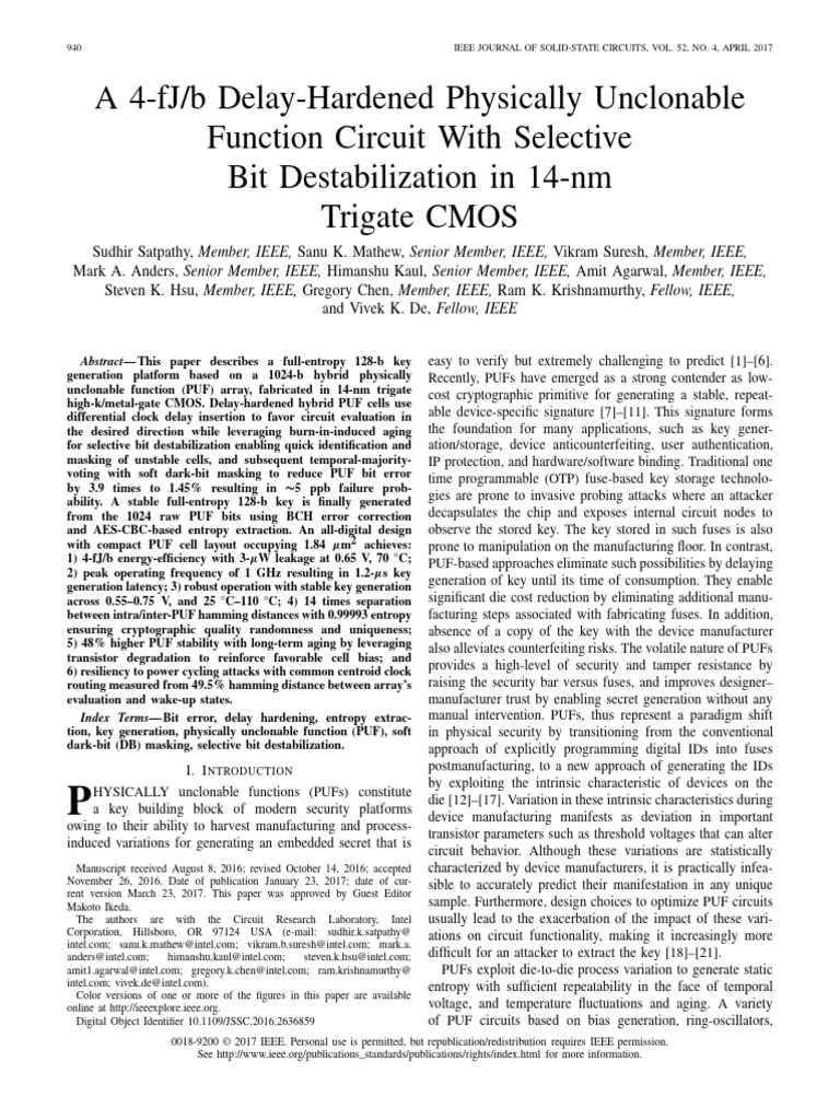 A 4-FJ B Delay-Hardened Physically Unclonable Function Circuit With ...