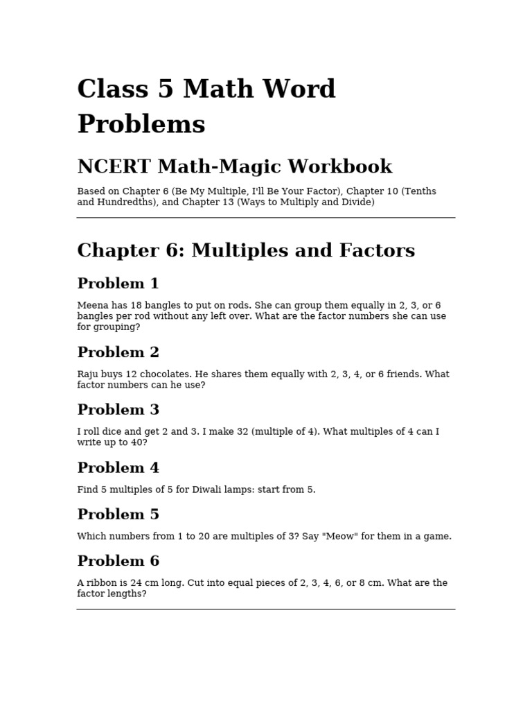 Class 5 Math Word Problems: NCERT Math-Magic Workbook | PDF