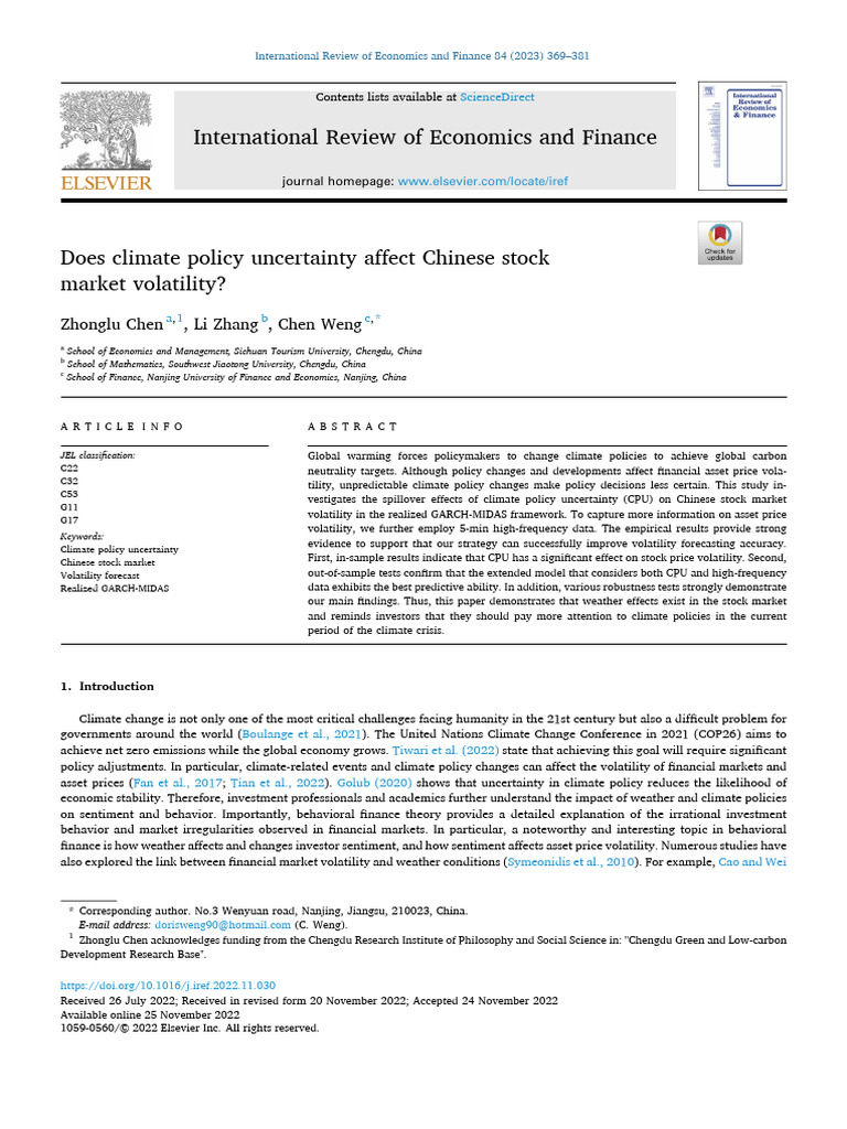 Does Climate Policy Uncertainty Affect Chinese Stock Market Volatility ...