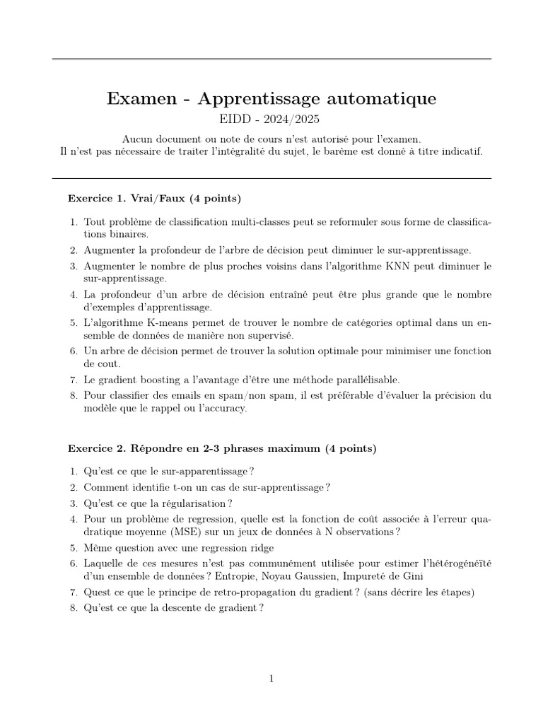 Exam - Session1 - ML - 2024 - 2025 | PDF