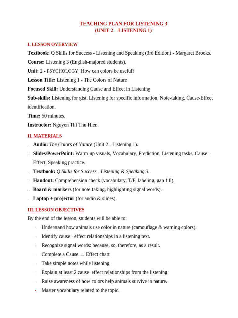Lesson Plan (U2-Listening 1) | PDF