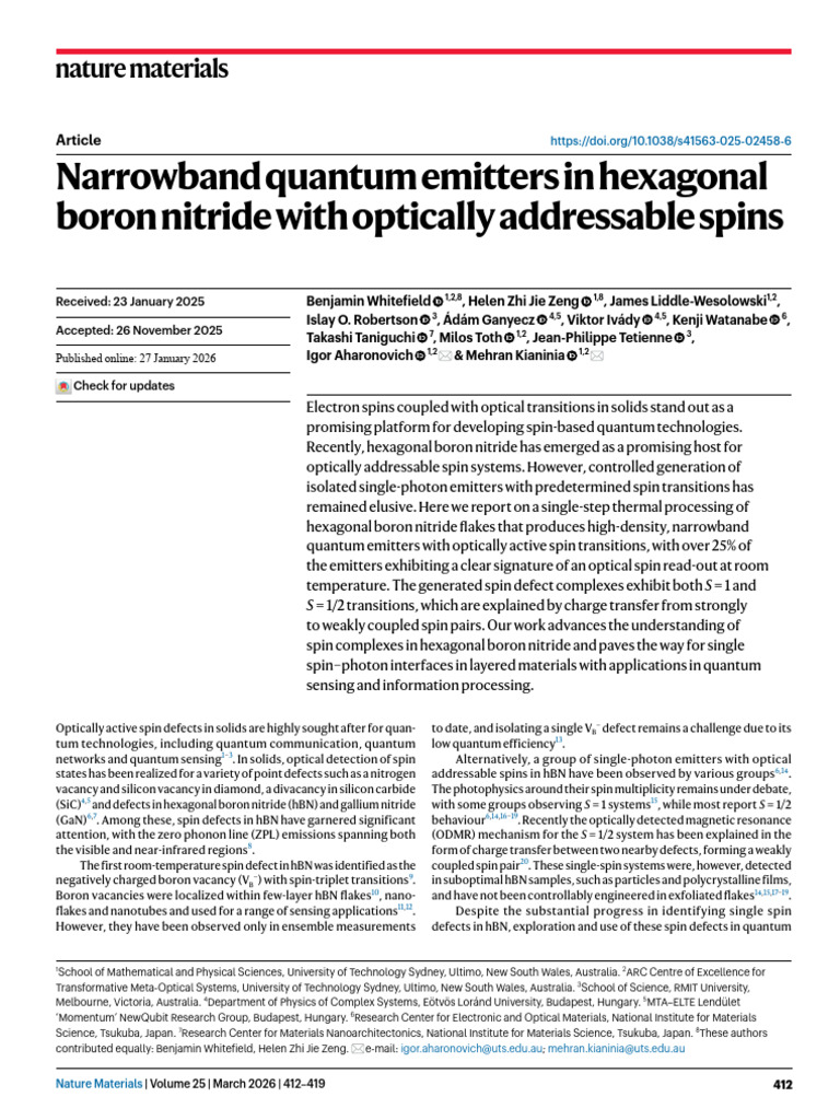 Narrowband Quantum Emitters in HBN With Optically Addressable Spins | PDF