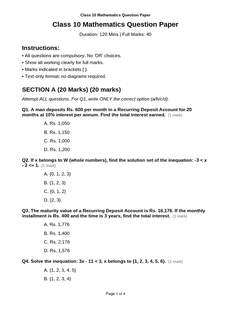 Class 10 Mathematics Question Paper | PDF