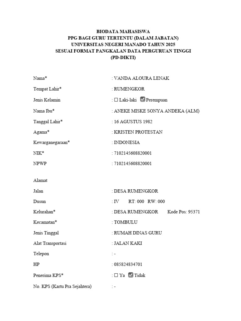 Biodata Vanda Aloura Lenak UNIMA PD DIKTI | PDF