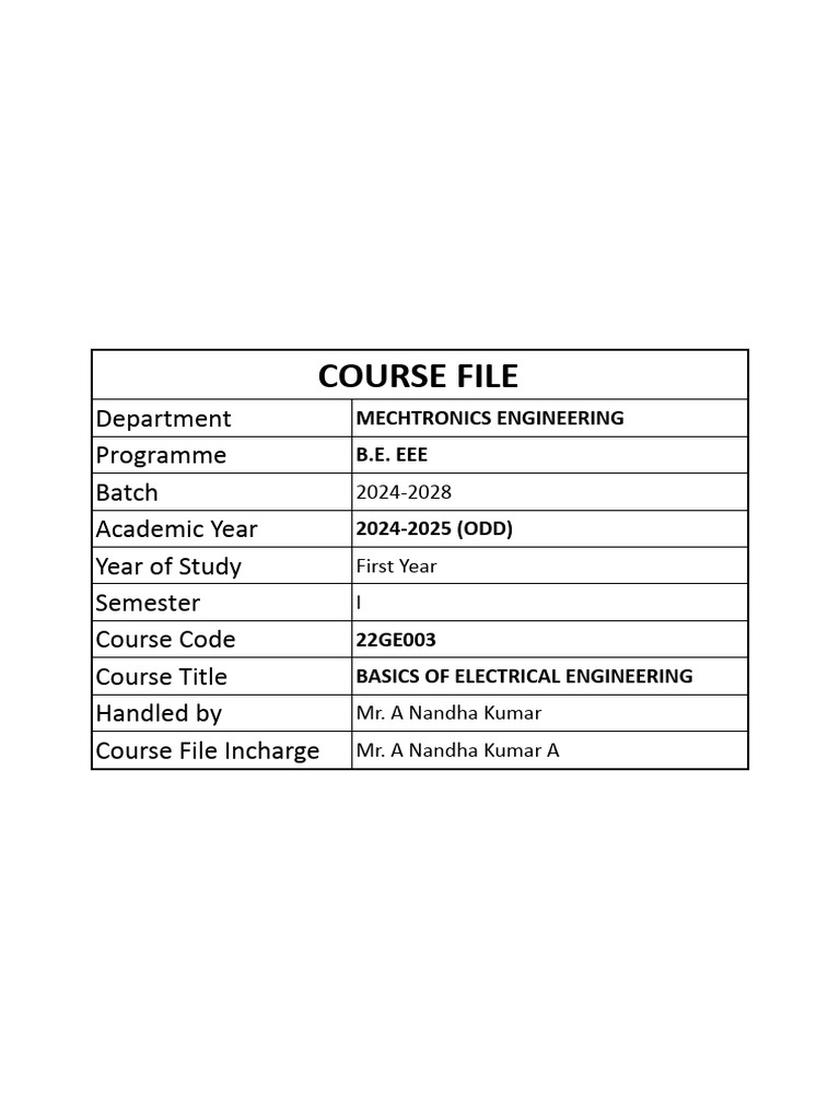 22GE003 Basics of Electrical Engineering Course File - 0.label | PDF
