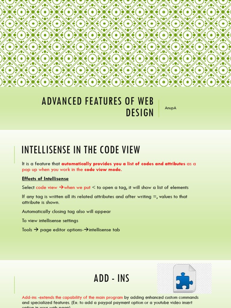 Advanced Features of Web Design | PDF | Websites | World Wide Web