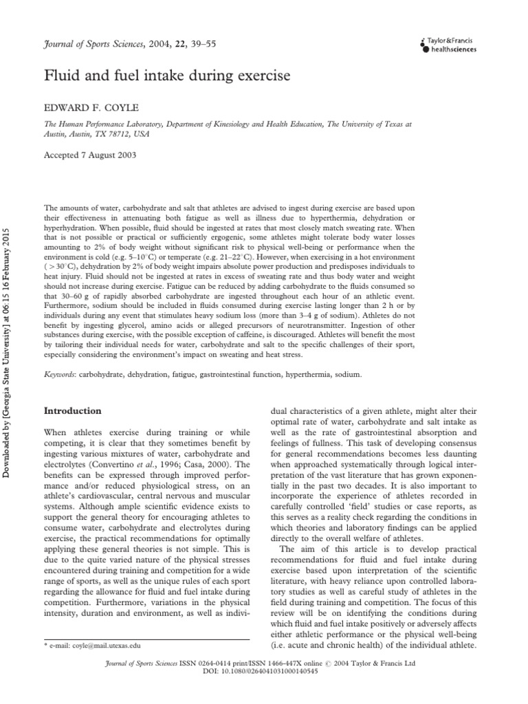 Fluid and Fuel Intake During Exercise | PDF