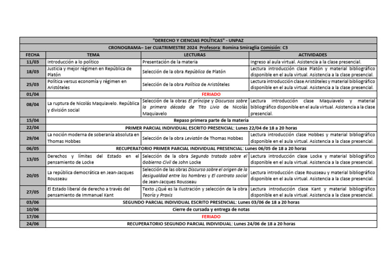 Cronograma Derecho y Cs Ps - 1er Cuat 2024 (C3) | PDF
