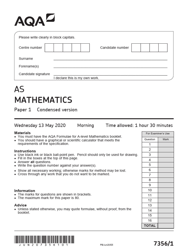 Paper 1 2020 AS MATHEMATICS | PDF