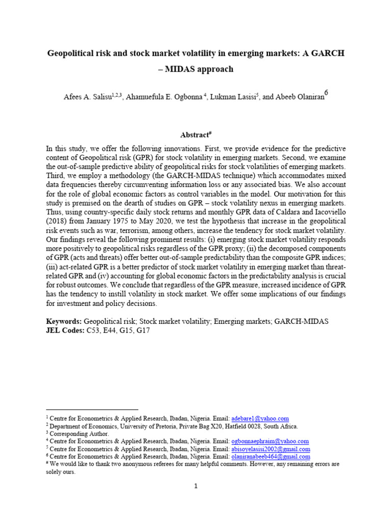 Geopolitical Risk and Stock Market Volatility in Emerging Markets | PDF