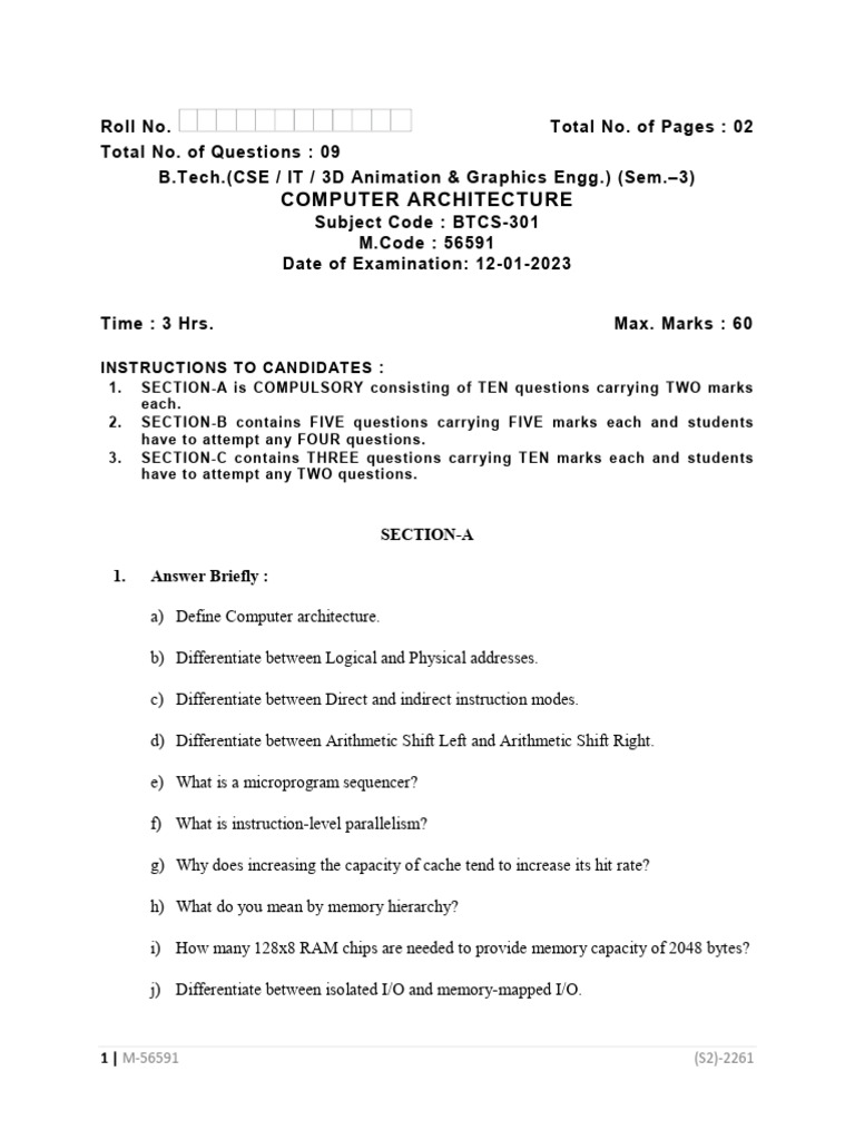 Btech Cse It 3 Sem Computer Architecture 56591 Jan 2023 | PDF