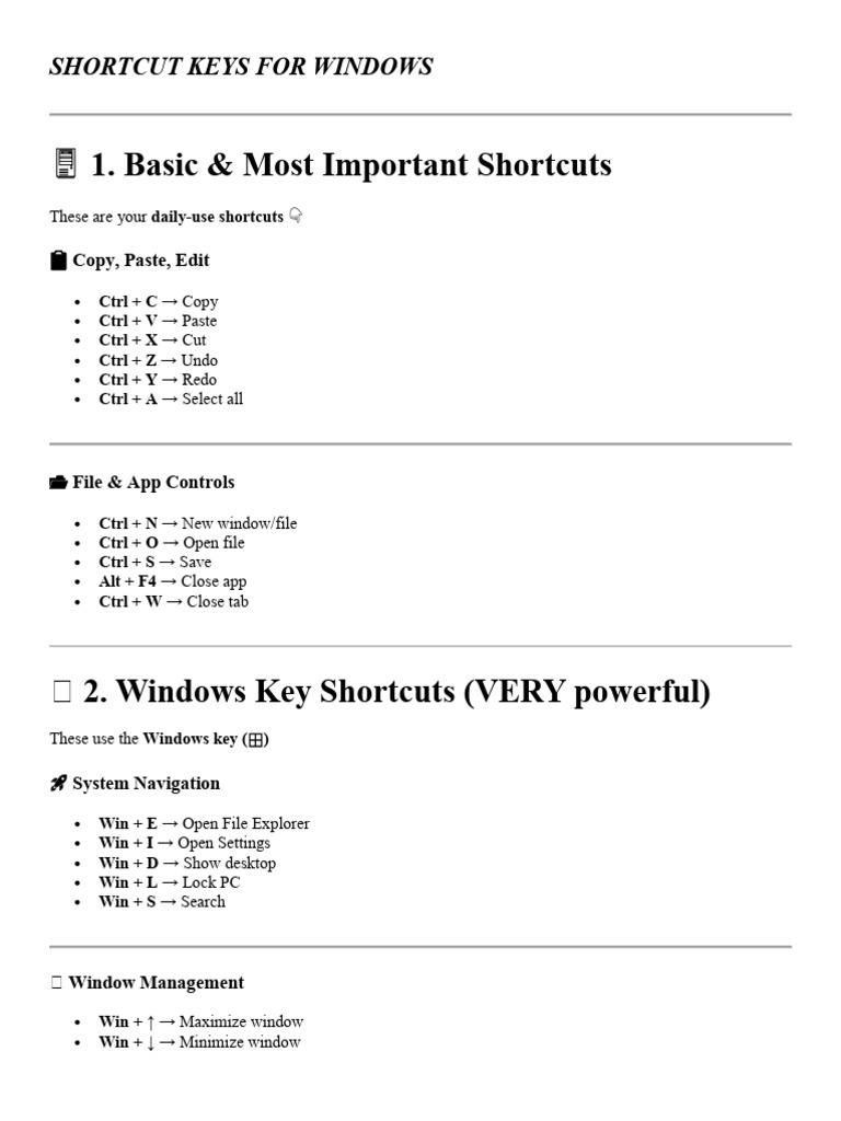 Shortcut Keys For Windows | PDF