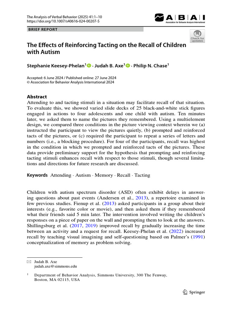 The Effects of Reinforcing Tacting On The Recall of Children With ...