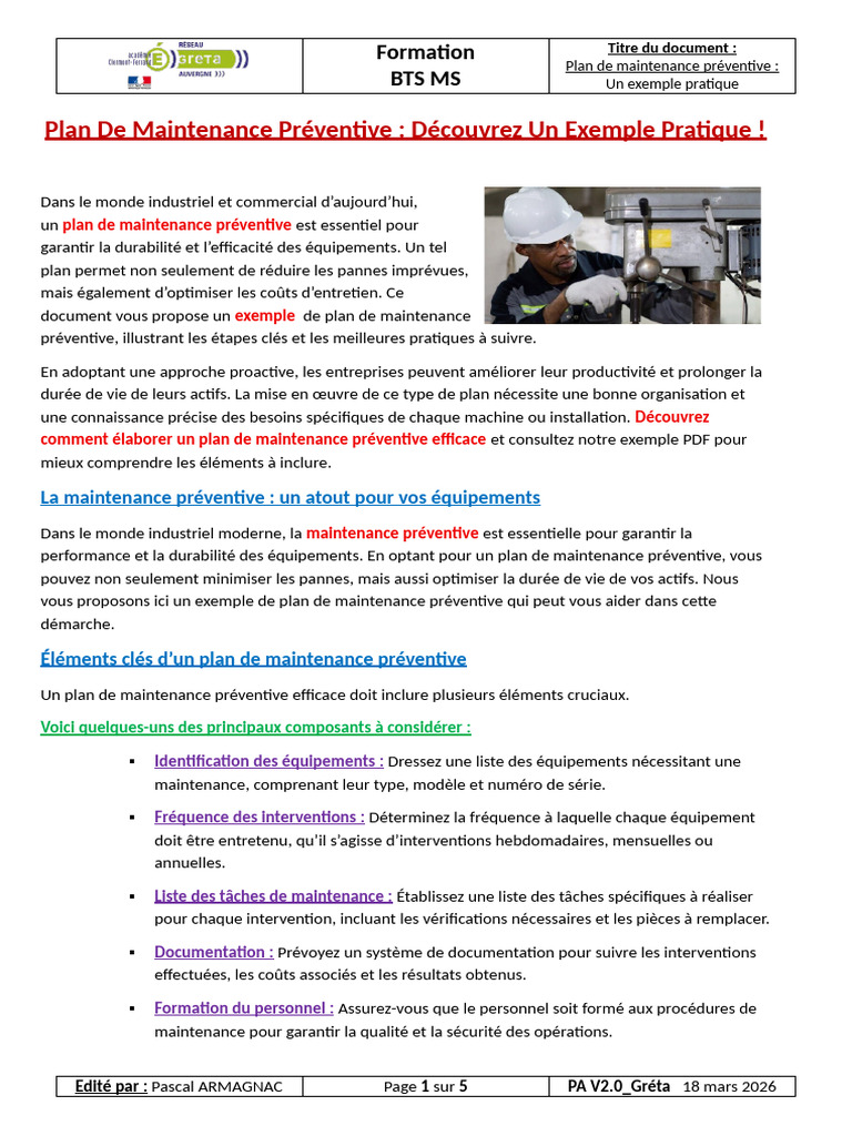 Plan de Maintenance Préventive Découvrez Un Exemple Pratique | PDF