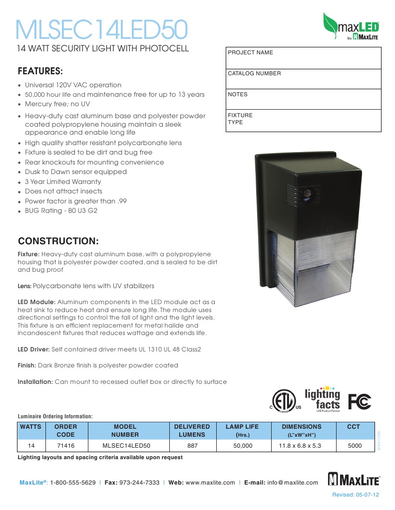 MaxLite LED Security Light DataSheet MLSEC14LED50 Lighting Equipment