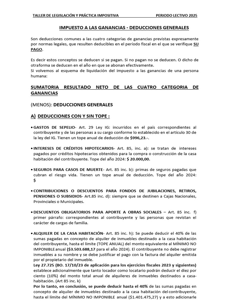 Deducciones Generales Ganancias PL 2025 | PDF | Impuesto sobre la renta ...