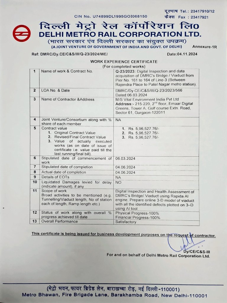 DMRC Work Experience Certificate | PDF
