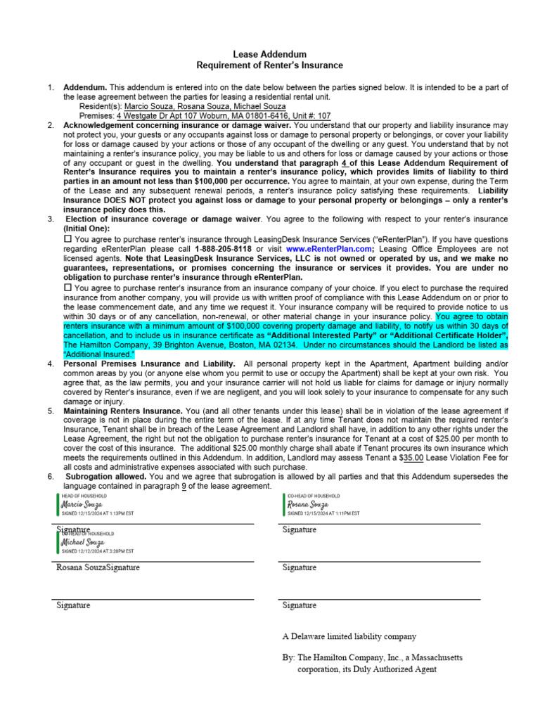 5 Form HC Lease Addendum Requirement of Renters Insurance Lease 12-21 ...