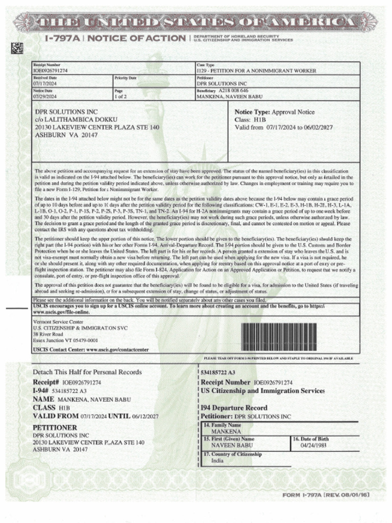 Naveen Babu Mankena H1b Extension Approval Notice | PDF