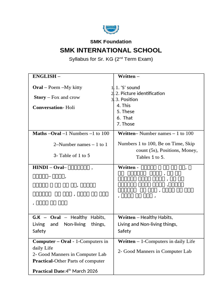 2nd Term Exam Syllabus SR - KG 2025-26-1 | PDF