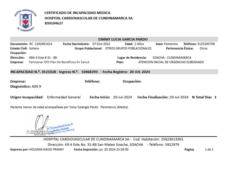 Certificado de Incapacidad Medica Eimmy Garcia | PDF