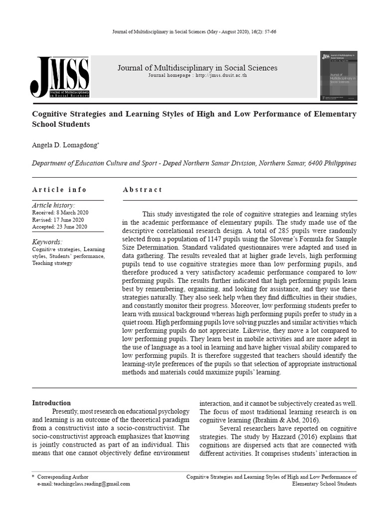 Cognitive Strategiesand Learning Stylesof Highand Low Performing ...
