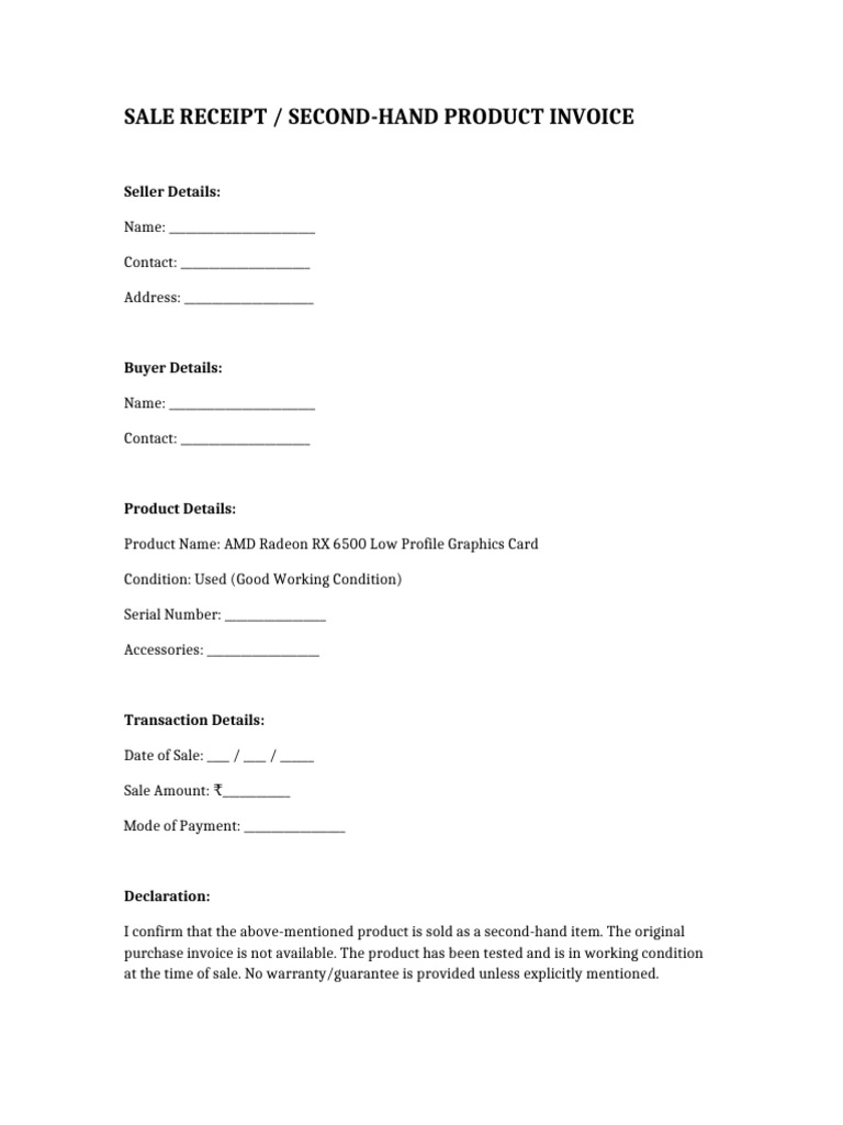 Second Hand GPU Sale Receipt | PDF