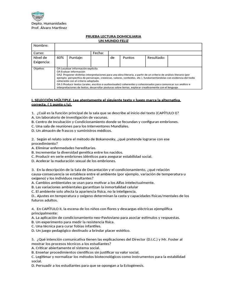 Pauta Prueba Comprensión Lectora Un Mundo Feliz | PDF | La energía ...