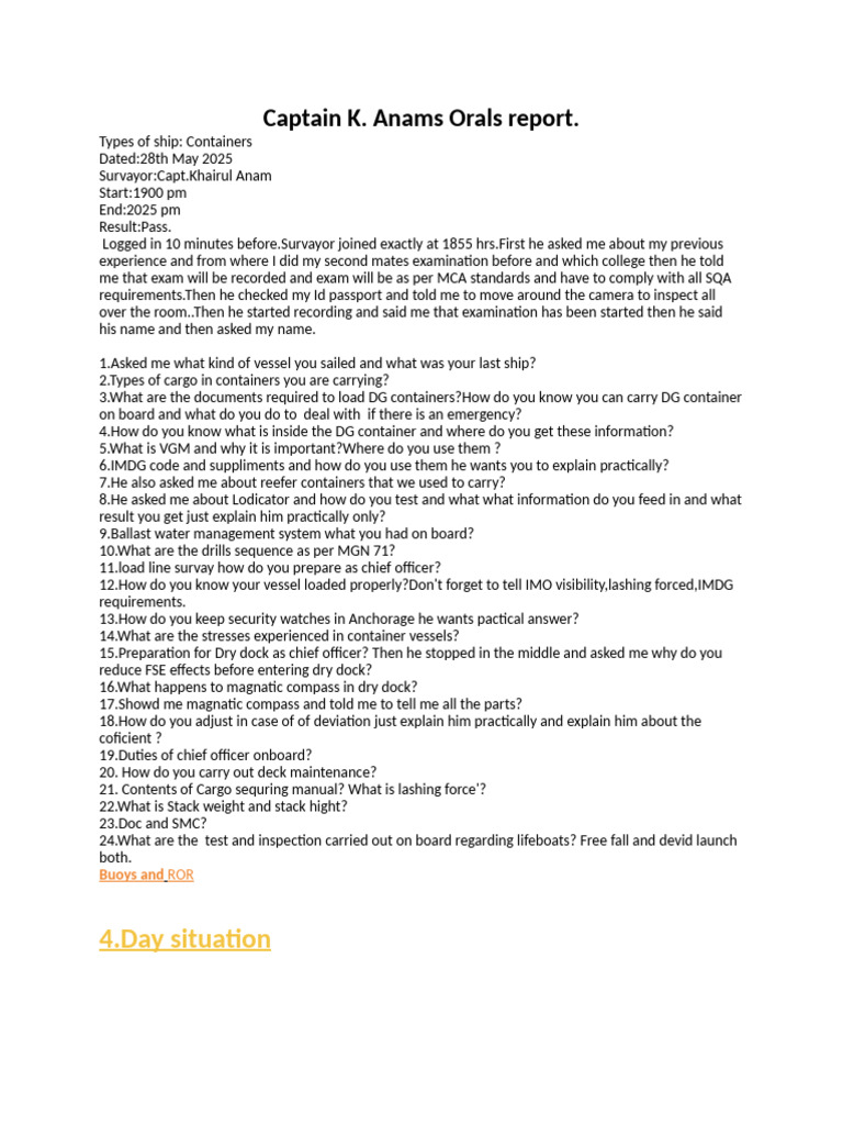 Captain K. Anams Orals Report. | PDF | Watercraft | Ships