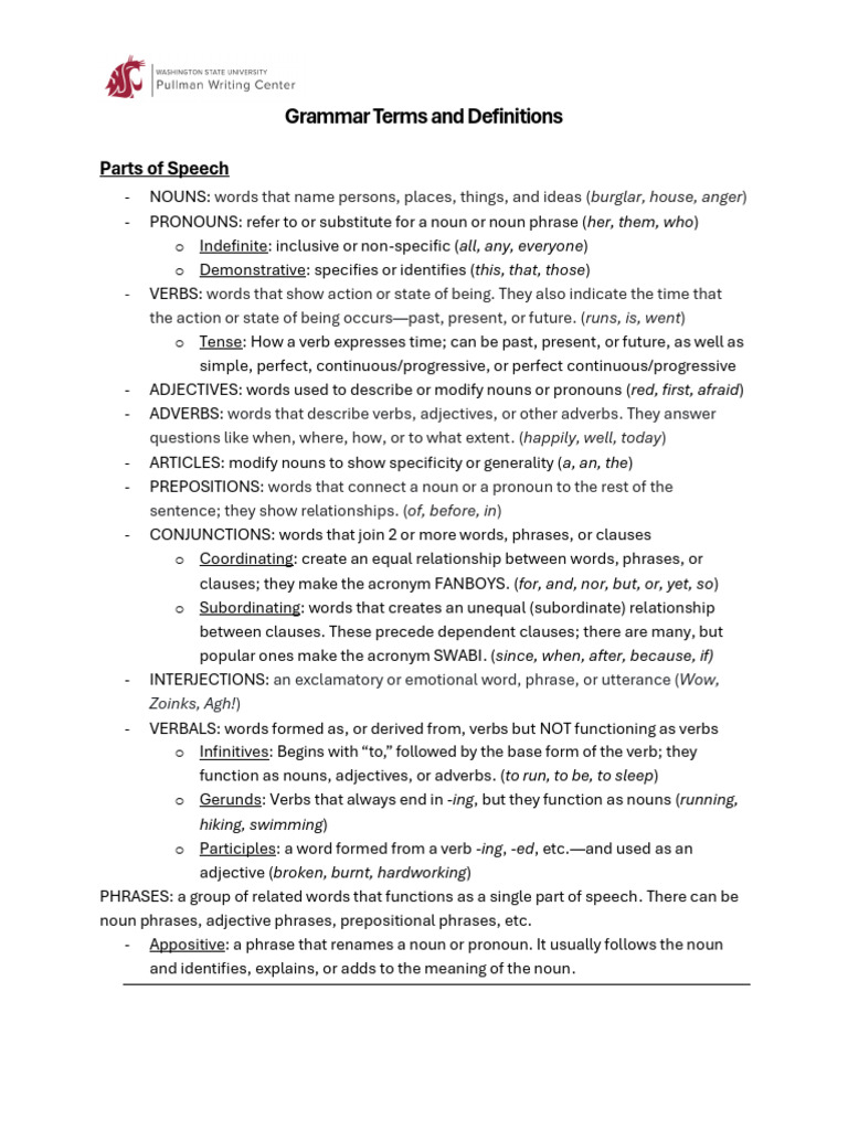 Grammar Terms and Definitions 24 | PDF | Verb | Noun