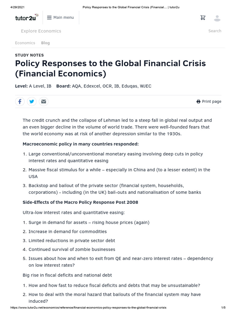 Policy Responses To The Global Financial Crisis (Financial - Tutor2u ...