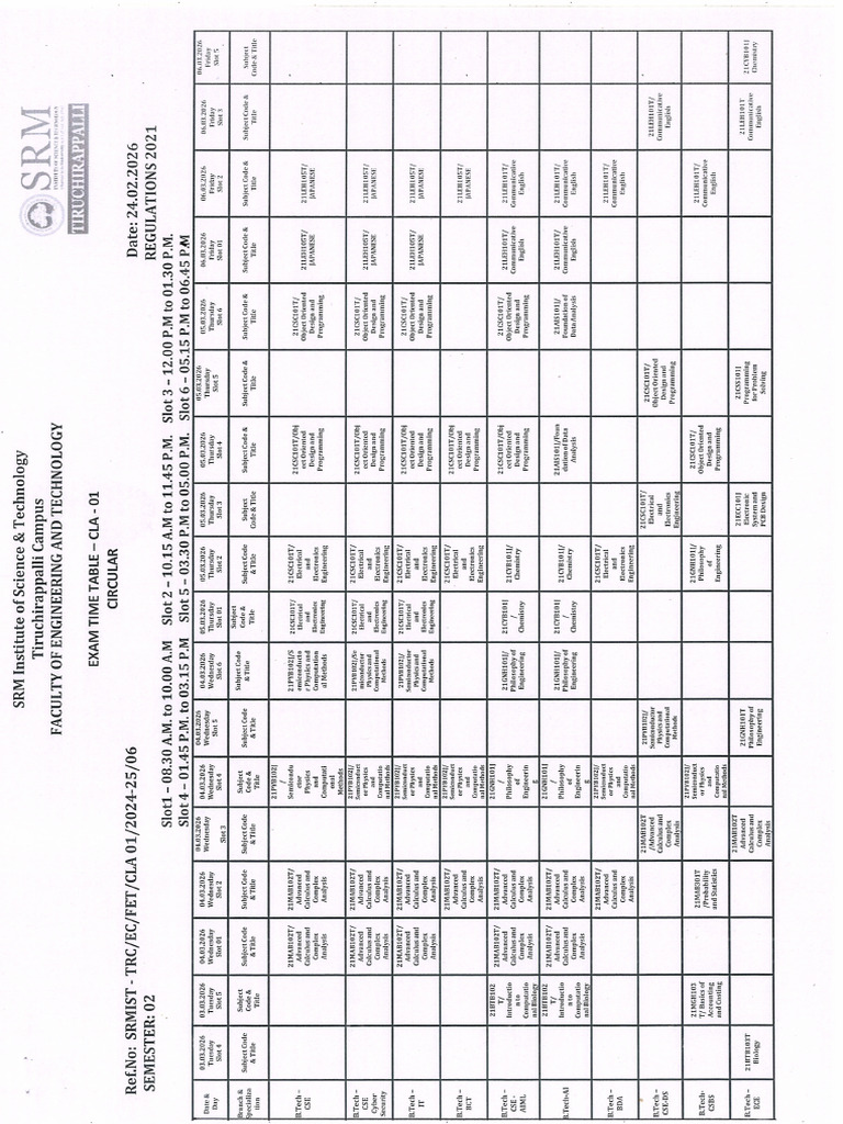 FET I Year CLA Time Table | PDF