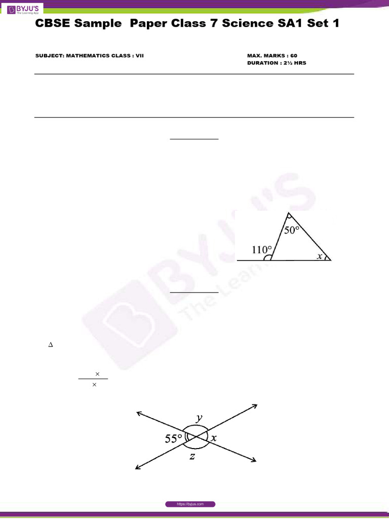 CBSE Sample Paper Class 7 Maths SA1 Set 1 | PDF | Angle | Mathematics