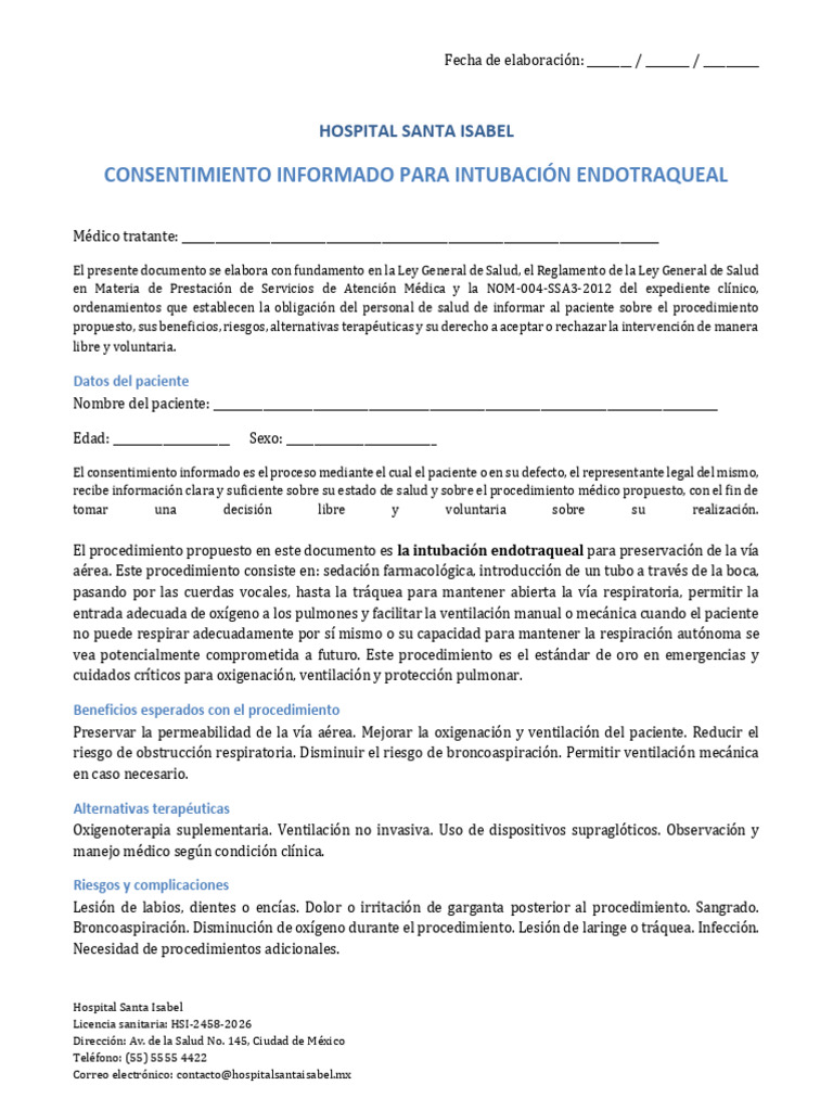 Consentimiento Intubacion Endotraqueal | PDF | Medicina | Medicina CLINICA