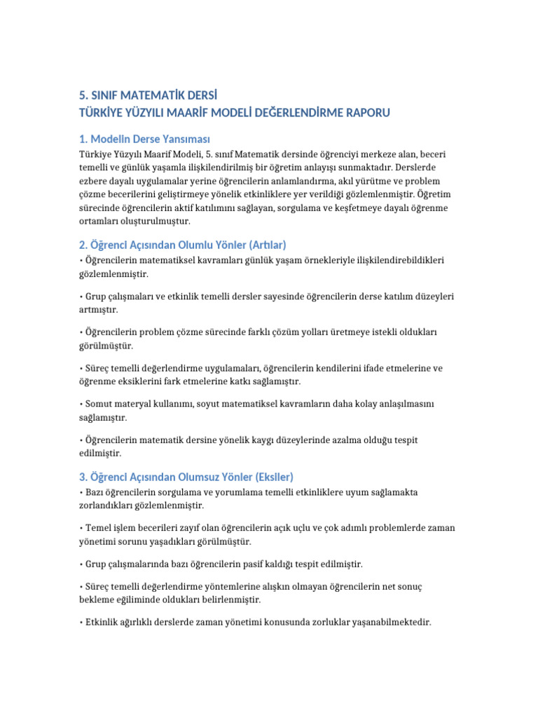 5 Sinif Matematik Maarif Modeli Degerlendirme Raporu | PDF