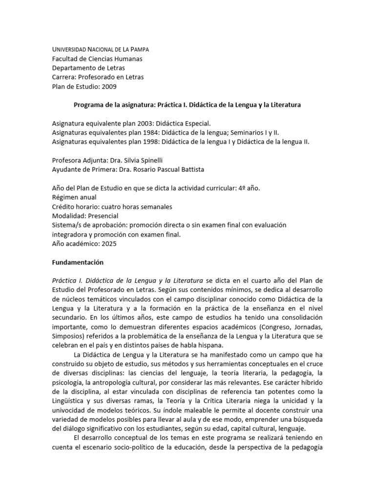 Programa-Practica I Didactica de La Lengua y La Literatura | PDF ...