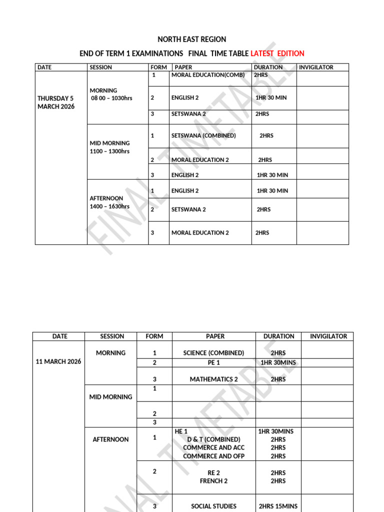 Final Exam Timetable Term 1 2026 | PDF