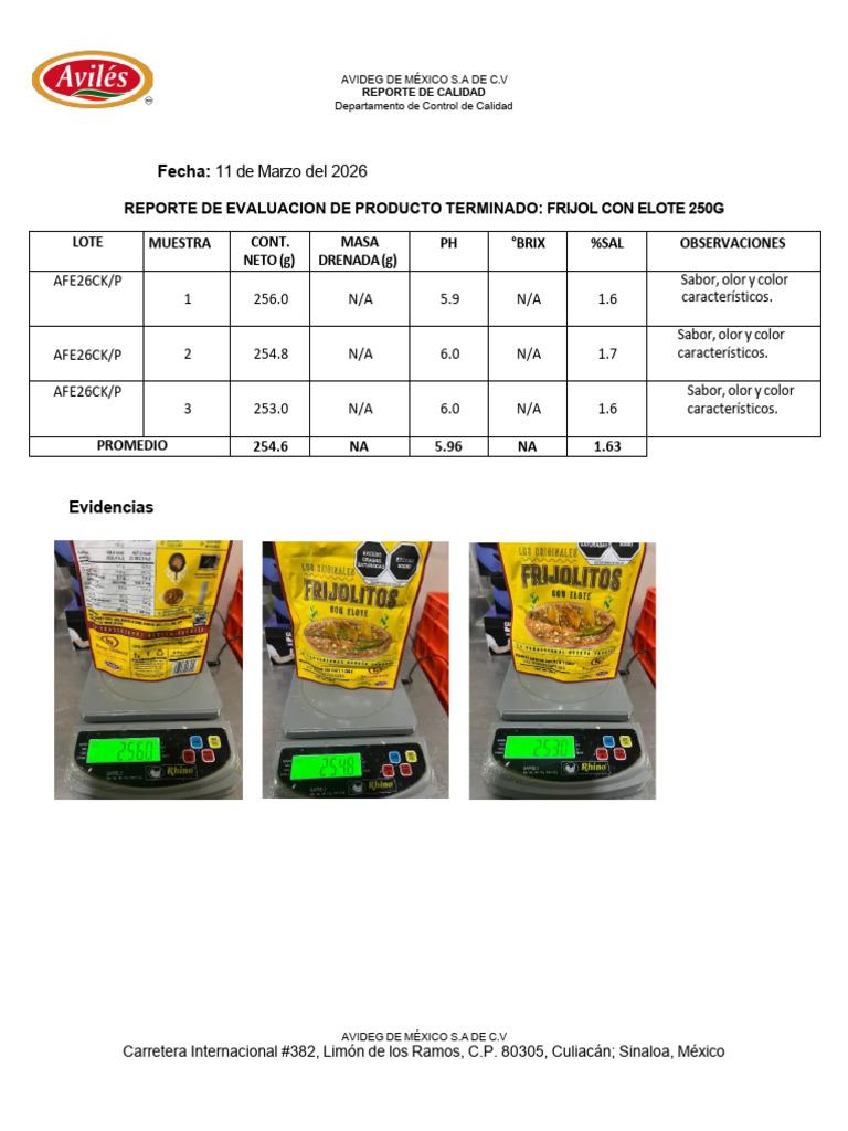 11-Mar-2026-Reporte de Calidad Pt Frijol Con Elote 250g 26ck | PDF